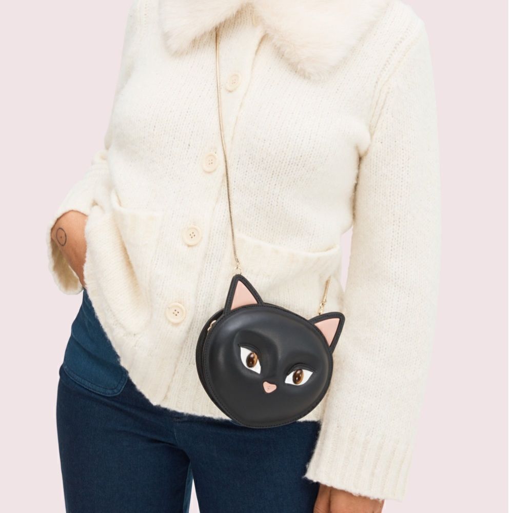 KATE SPADE BLACK CAT CROSSBODY BAG MEOW NOVELTY PURSE LEATHER GOLD CHAIN - Picture 5 of 9